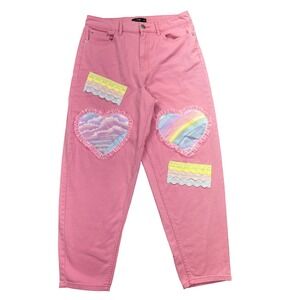 F&F Pink Jeans Heart Patchwork High Waist Casual Denim Pants 10R Fits 29"